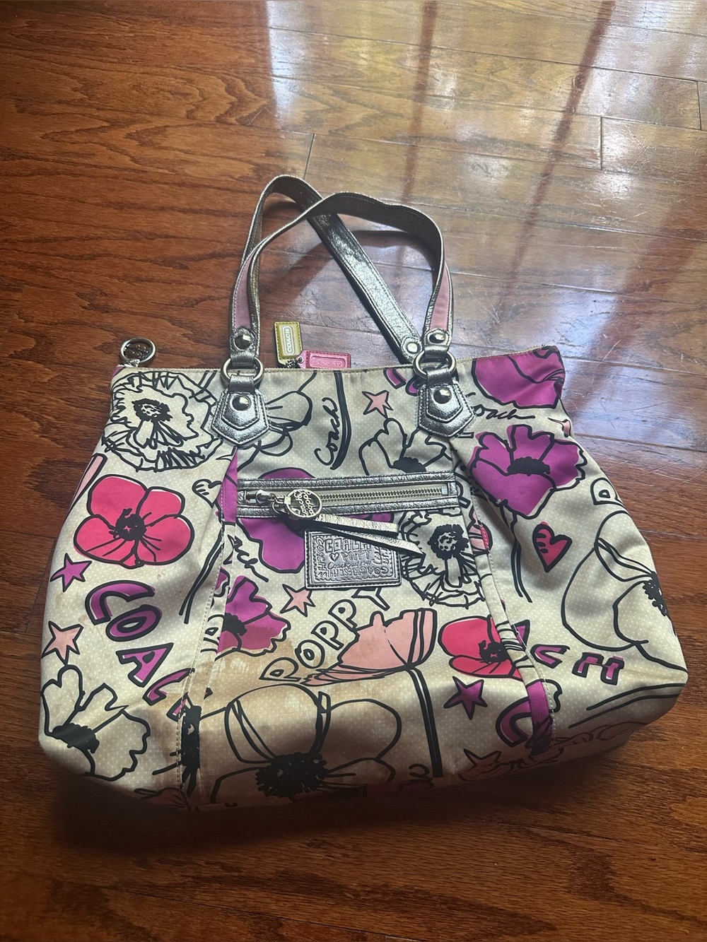 Coach Floral Poppy Canvas Tote in Cream, Pink and Magenta